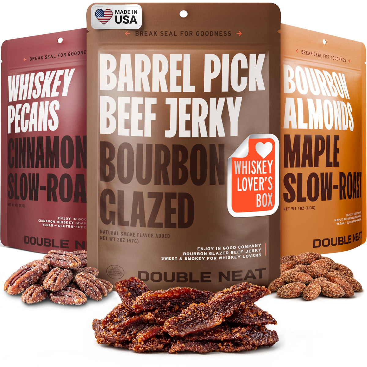 Double Neat bourbon-glazed beef jerky close-up showing tender slices for a quick protein snack