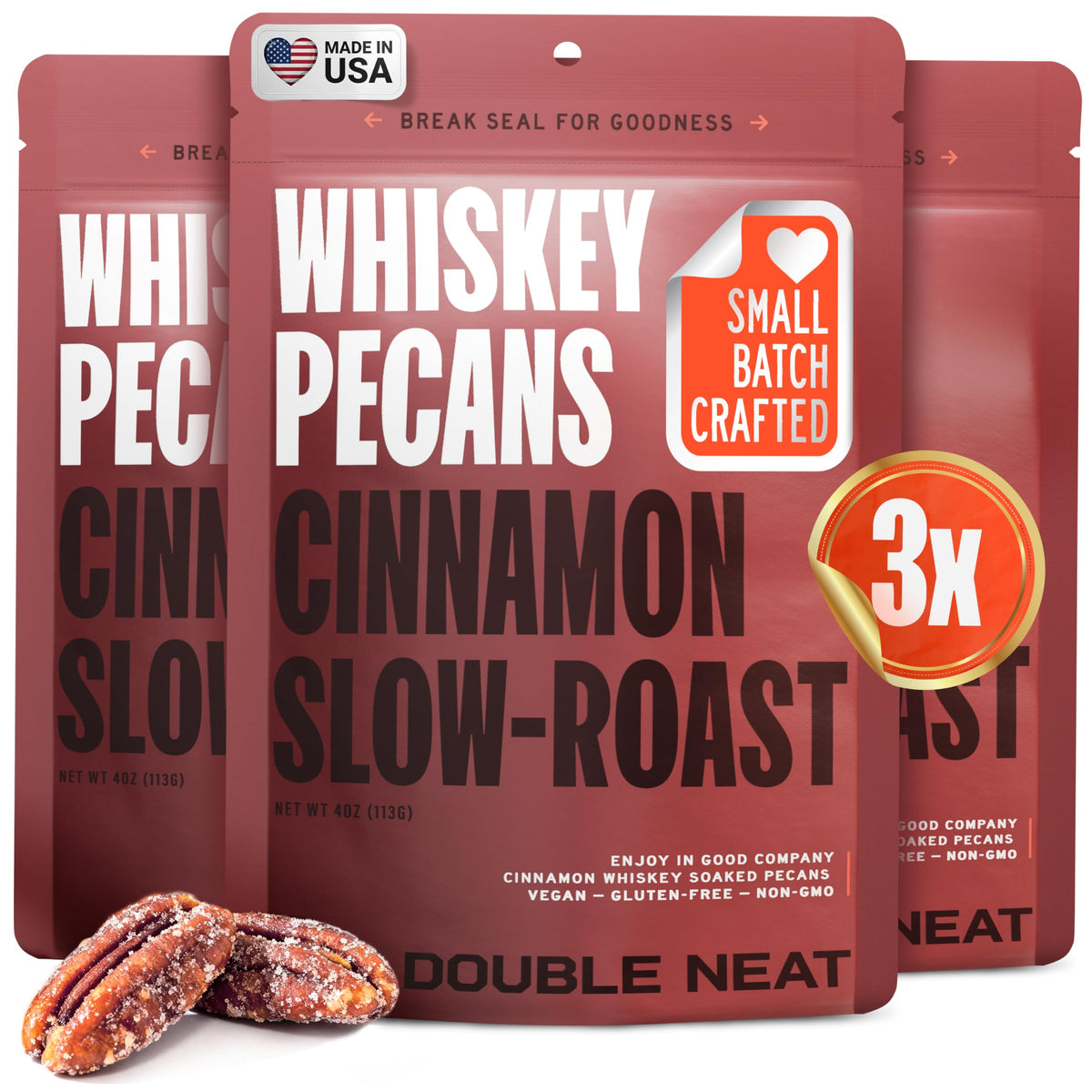 Double Neat Cinnamon Whiskey Pecans glazed pecans deliver bourbon-kissed crunch, ideal for pairing with a pour.