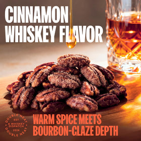 Double Neat Cinnamon Whiskey Pecans serving-portion feature four 1-ounce snacks, perfect for mindful sharing.