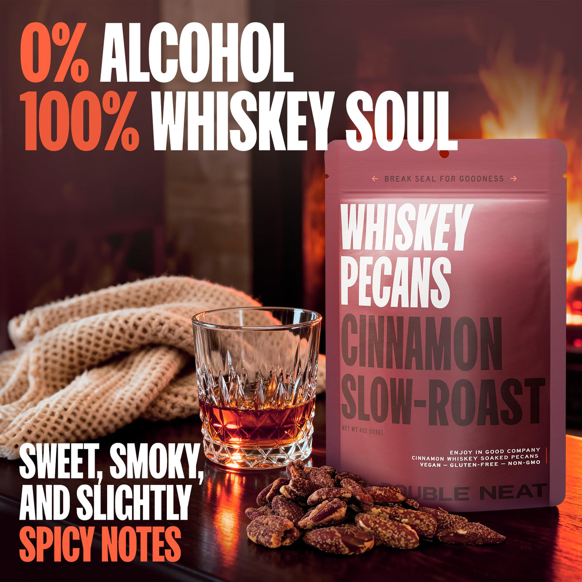 Double Neat Cinnamon Whiskey Pecans small-batch crafted with simple ingredients for natural flavor.