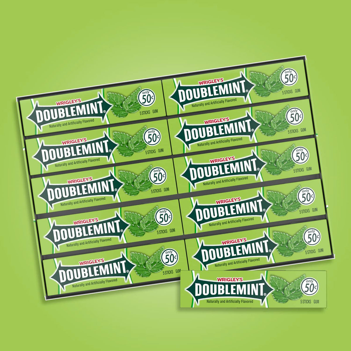 Doublemint bulk pack 40 sticks spread on table, great for sharing at work.