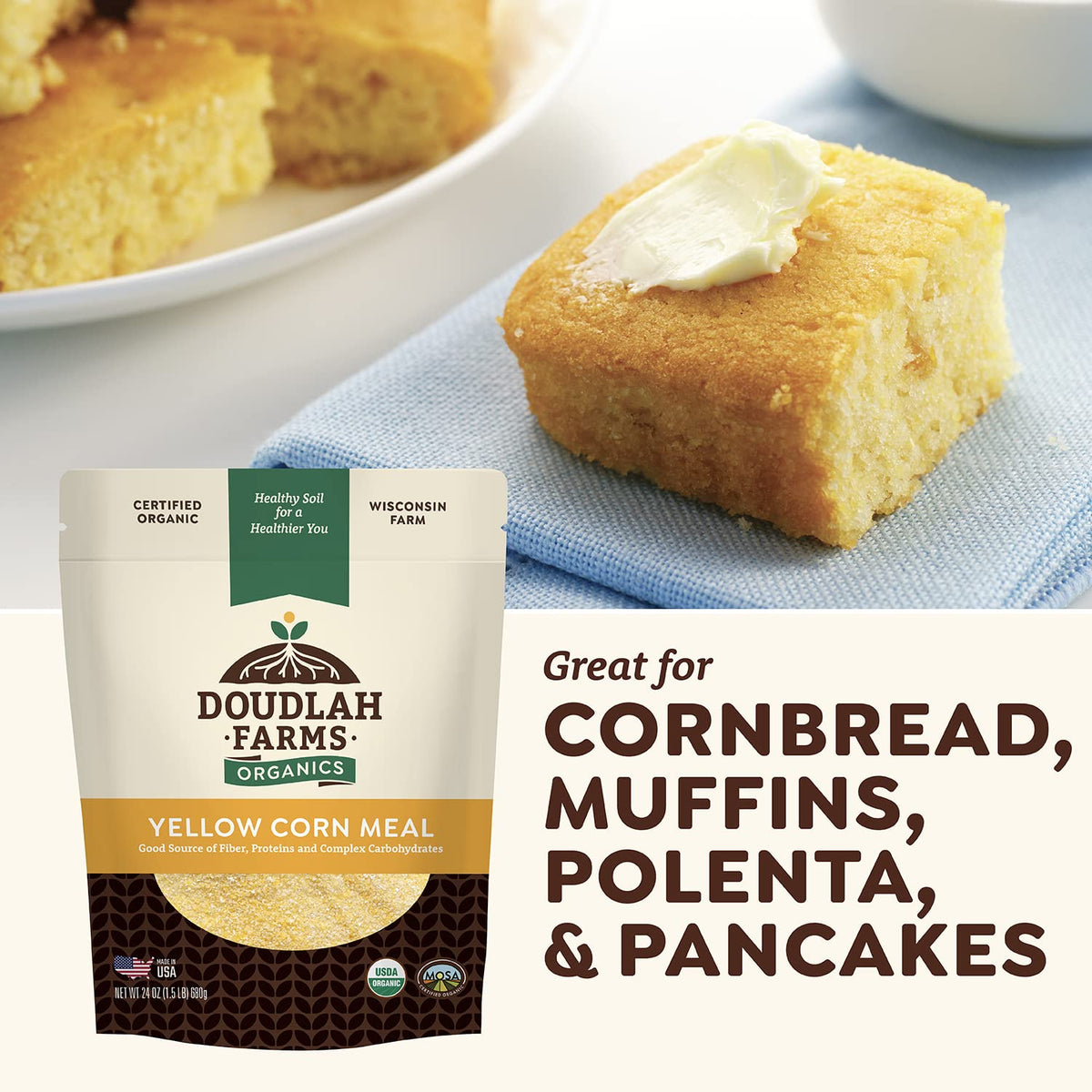 Doudlah Farms baking ready cornmeal with batter in skillet