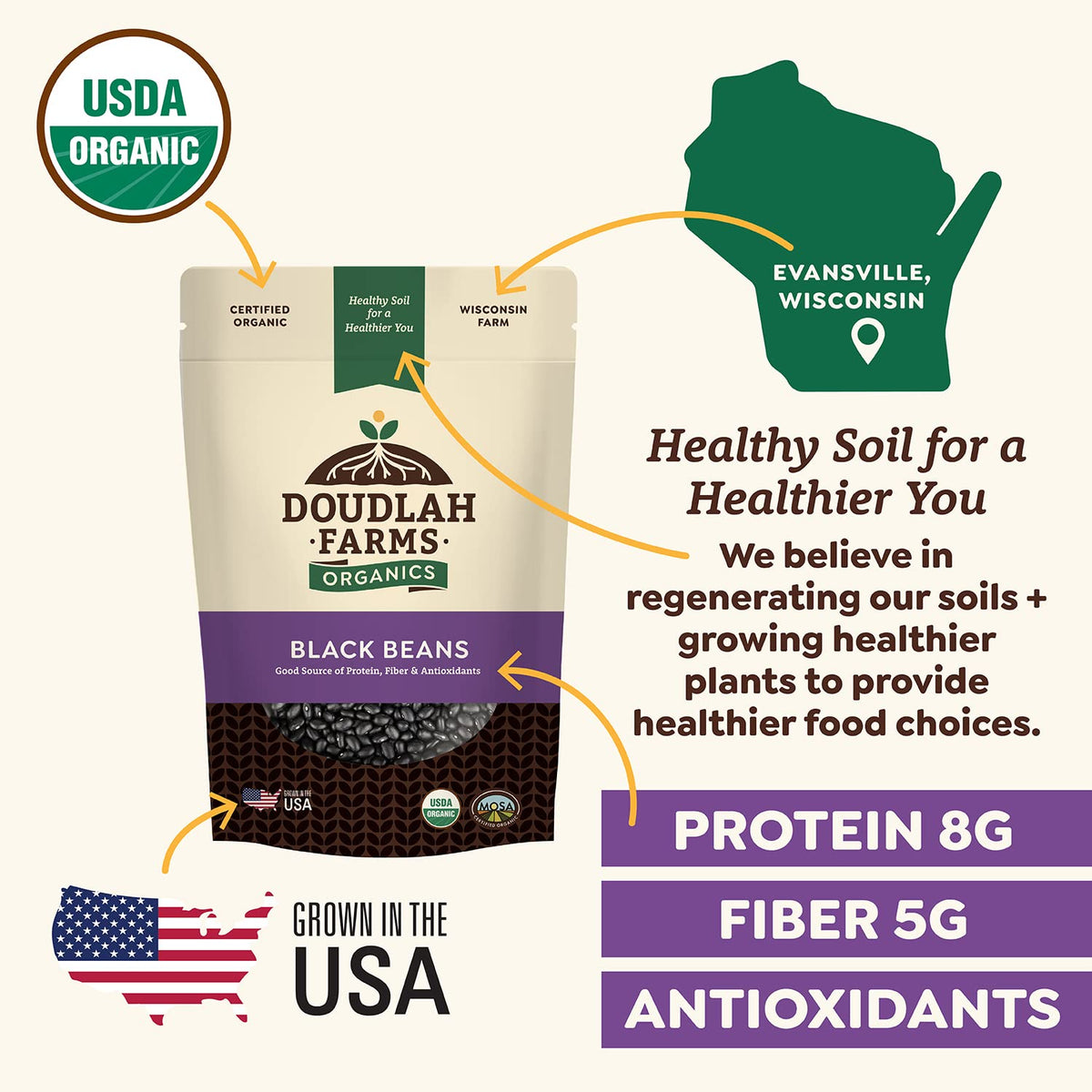 Doudlah Farms Black Beans in a pot of soup showcases healthy protein.