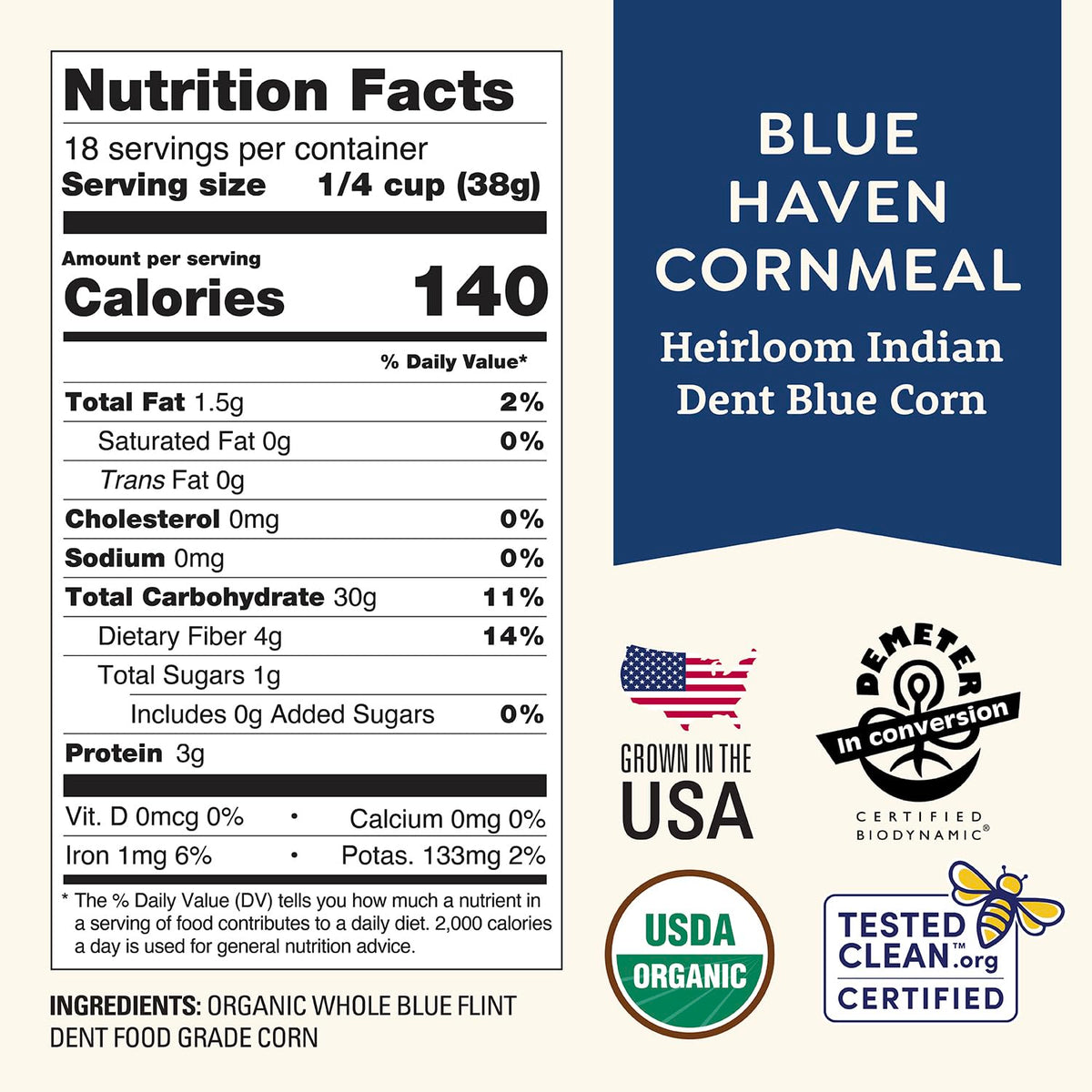Doudlah Farms Blue Haven Cornmeal medium-ground texture close-up for hearty tortillas.