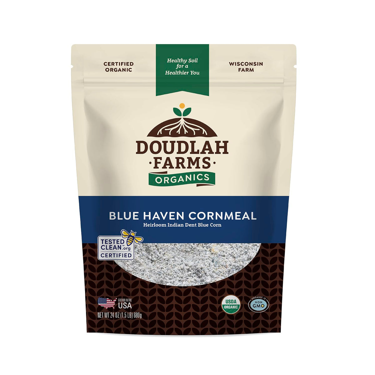 Doudlah Farms Blue Haven Cornmeal packaging highlights regenerative farming and organic quality.