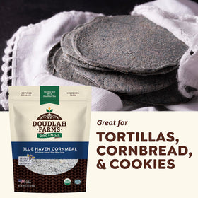 Doudlah Farms Blue Haven Cornmeal pancake batter on a griddle, versatile breakfast.