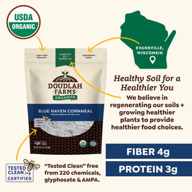 Doudlah Farms Blue Haven Cornmeal shown in batter for fiber-rich muffins.