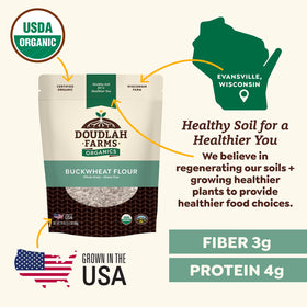 Doudlah Farms buckwheat flour in a mixing bowl with batter