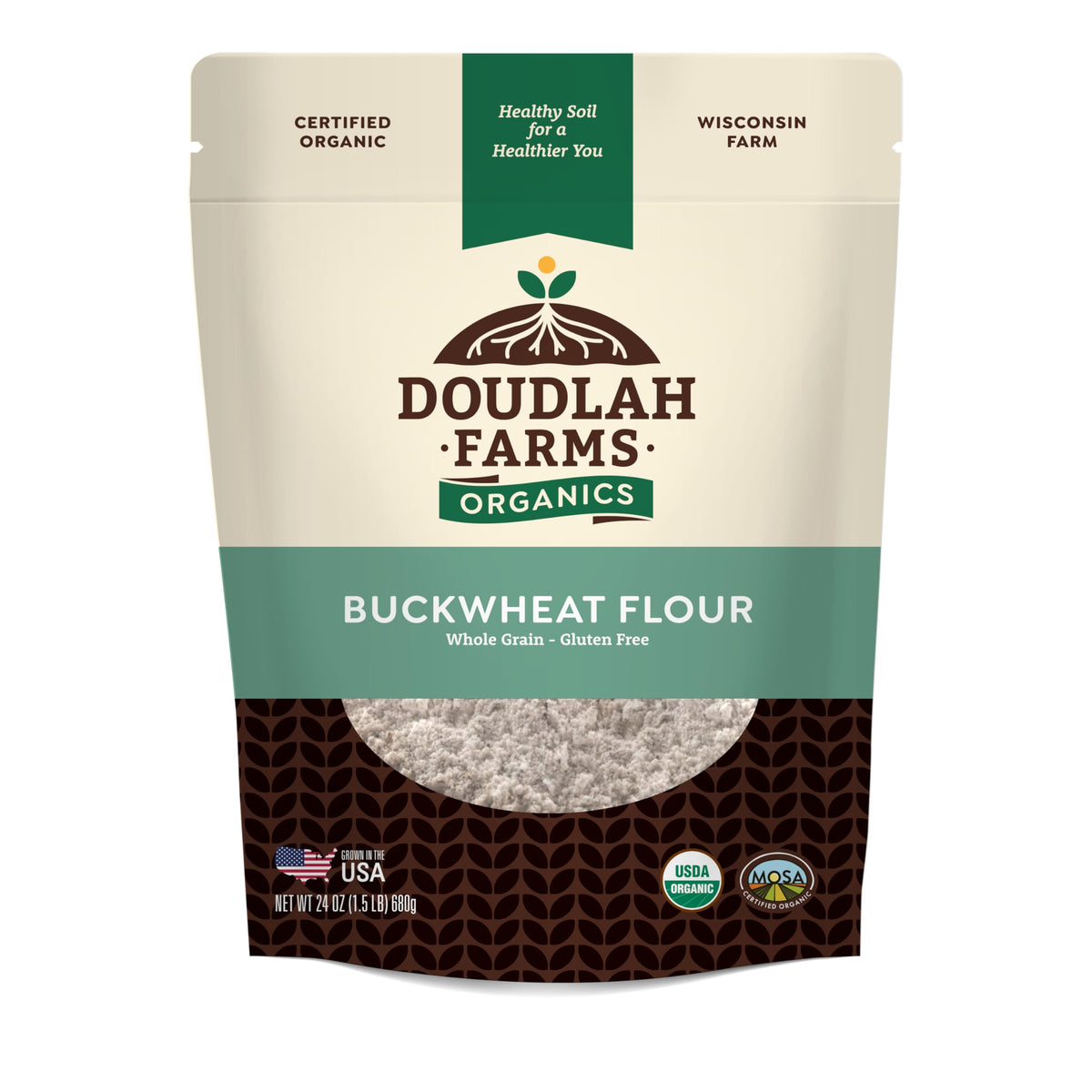 Doudlah Farms organic buckwheat flour bag with regenerative farming label, ideal for gluten-free baking