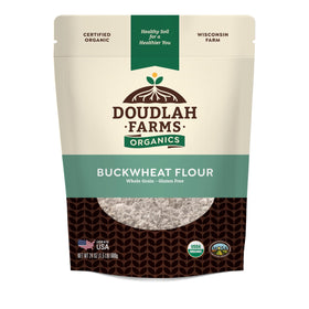 Doudlah Farms organic buckwheat flour bag with regenerative farming label, ideal for gluten-free baking