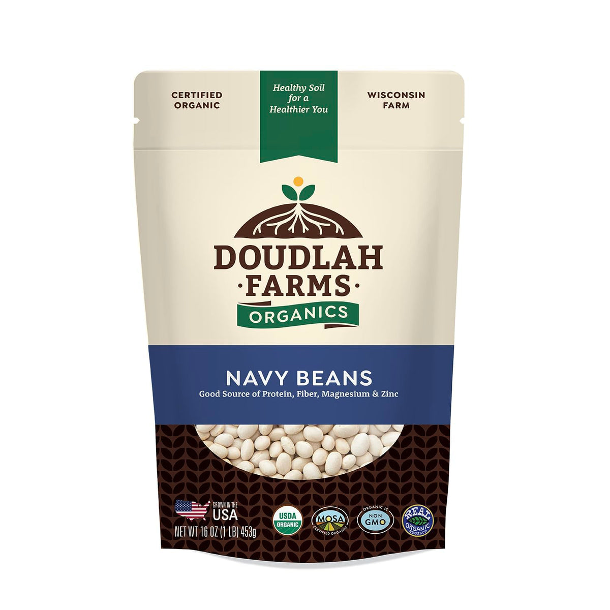 Doudlah Farms Organic Navy Beans bag close-up, fiber-rich pantry staple for soups and salads