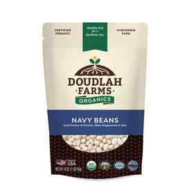 Doudlah Farms Organic Navy Beans bag close-up, fiber-rich pantry staple for soups and salads