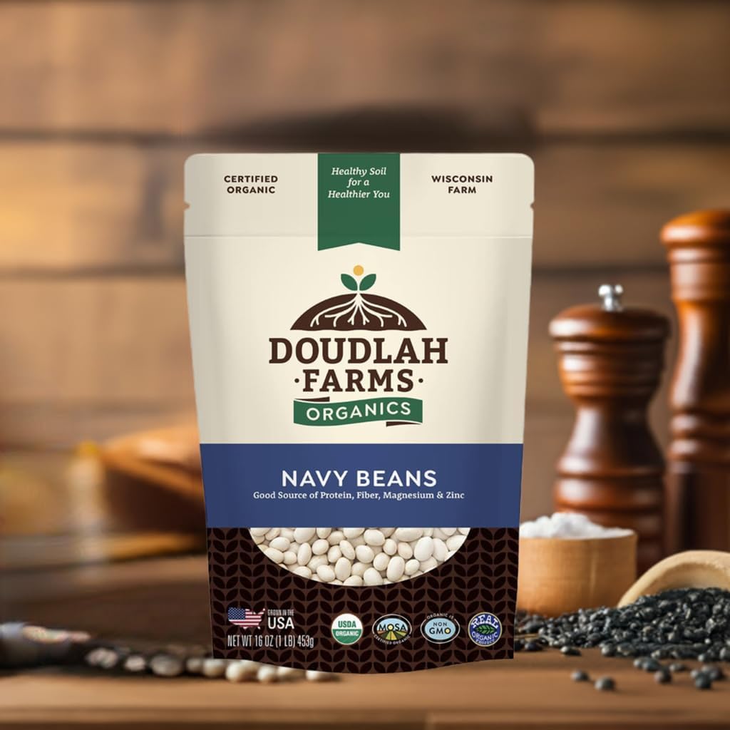 Doudlah Farms Navy Beans on a kitchen counter ready to soak