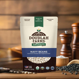 Doudlah Farms Navy Beans on a kitchen counter ready to soak