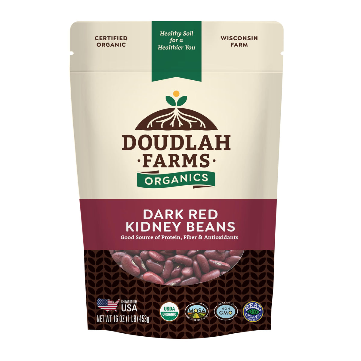Doudlah Farms organic dark red kidney beans pack, ideal for pantry staples and quick meals.