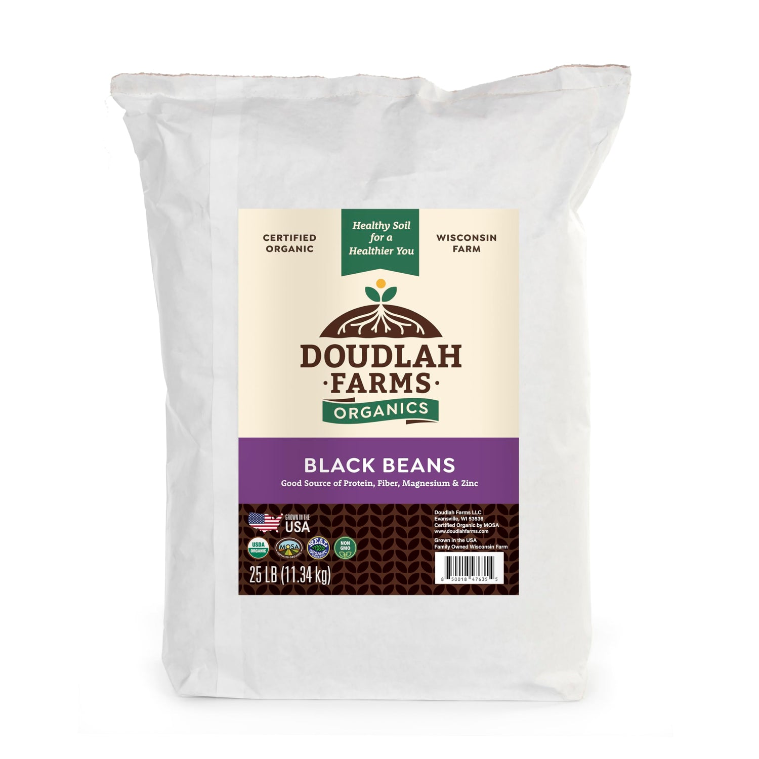 Doudlah Farms Organic Dried Black Beans 25lb bag showing bulk storage and labeling.