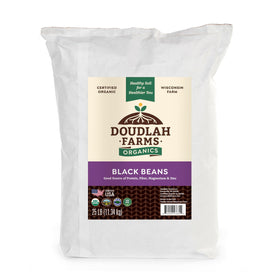 Doudlah Farms Organic Dried Black Beans 25lb bag showing bulk storage and labeling.