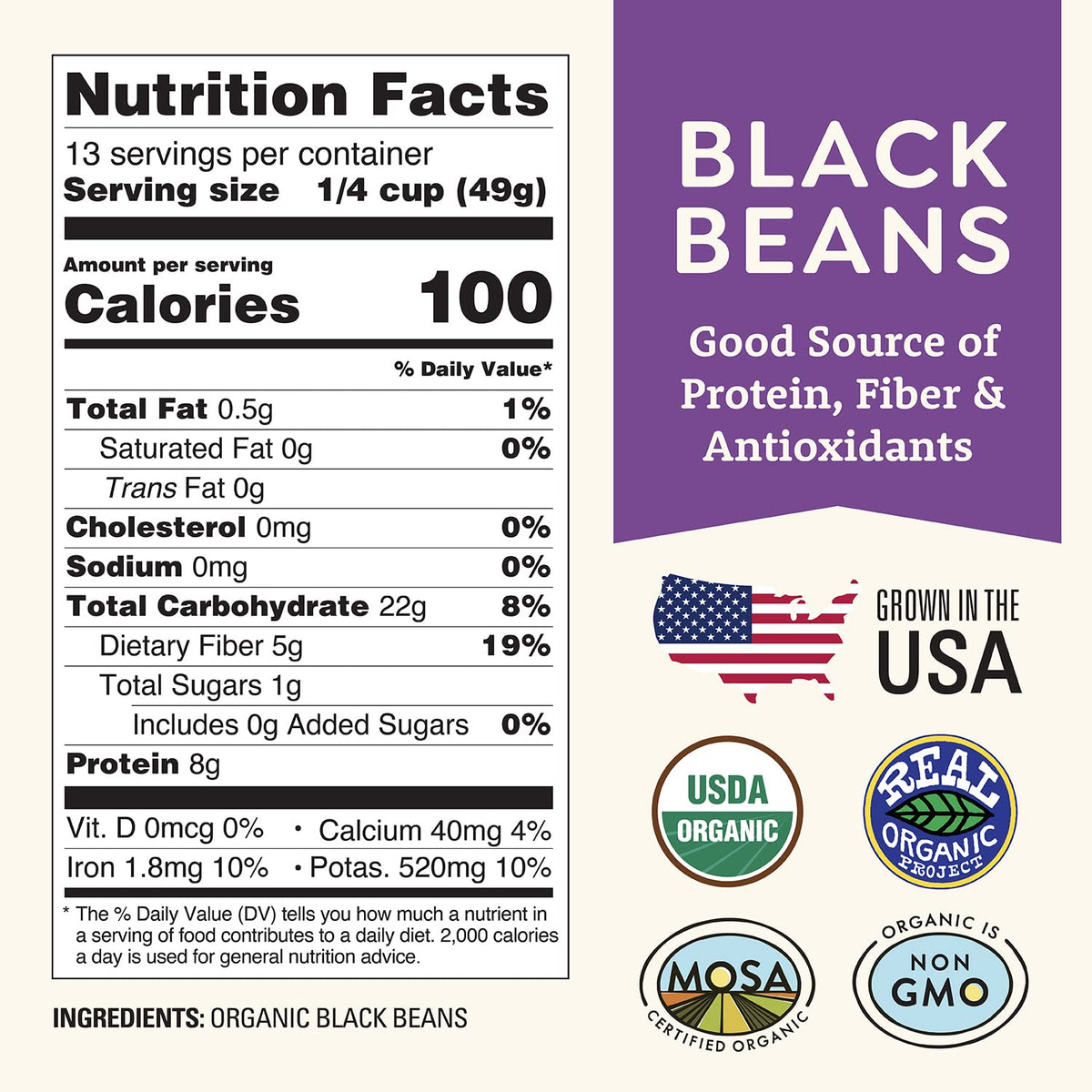 Doudlah Farms Organic Dried Black Beans close-up emphasizes earthy flavor for robust soups.