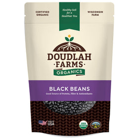 Doudlah Farms Organic Dried Black Beans packaging highlights convenient 1 lb bag for meals.
