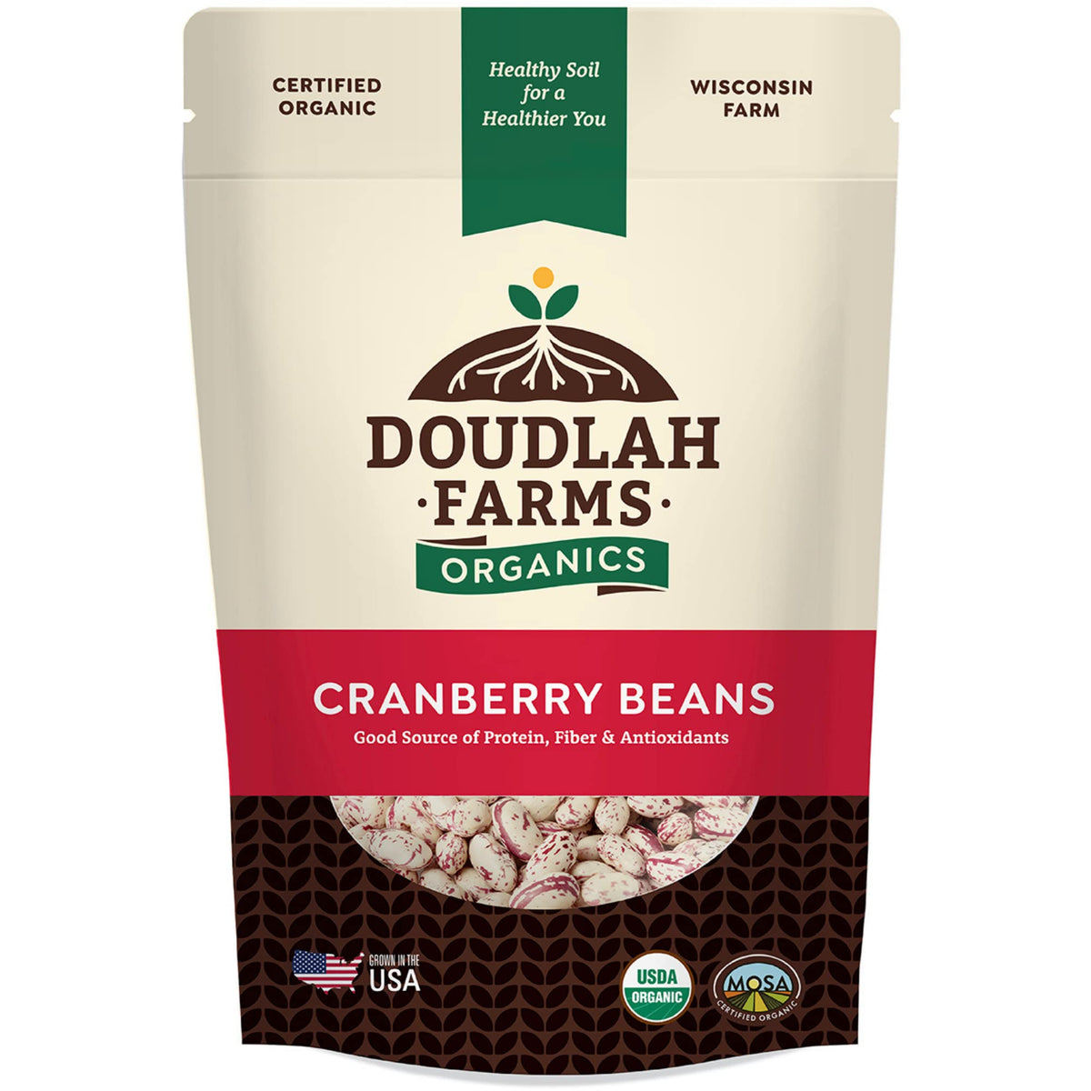 Doudlah Farms Organic Dried Cranberry Beans 1lb bag, ideal pantry staple for soups and burritos.