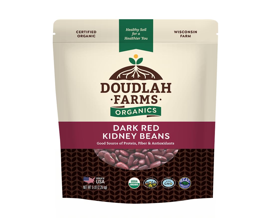 Doudlah Farms organic dried dark red kidney beans in a bag, ideal for pantry storage.