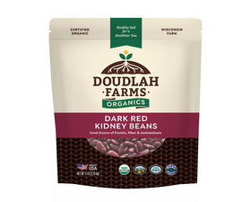 Doudlah Farms organic dried dark red kidney beans in a bag, ideal for pantry storage.