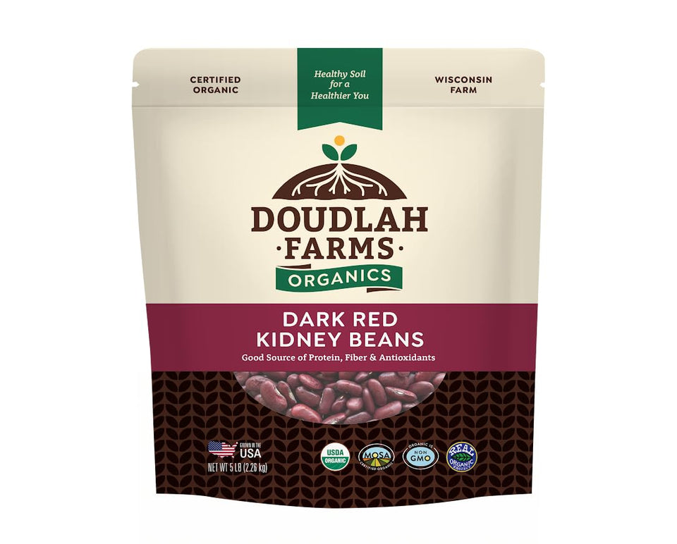 Doudlah Farms organic dried dark red kidney beans in a bag, ideal for pantry storage.