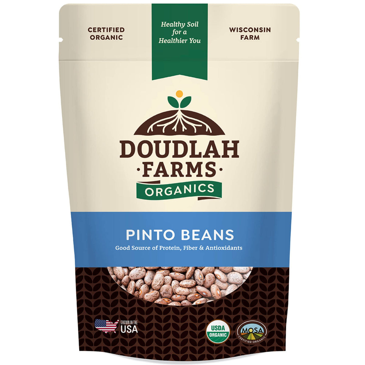 Doudlah Farms organic dried Pinto beans in a 1 lb bag, pantry staple for meals.