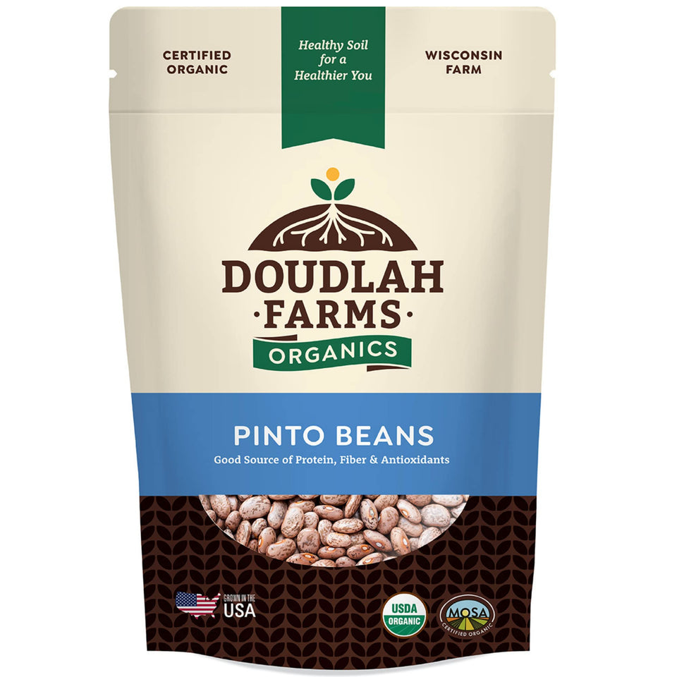Doudlah Farms organic dried Pinto beans in a 1 lb bag, pantry staple for meals.