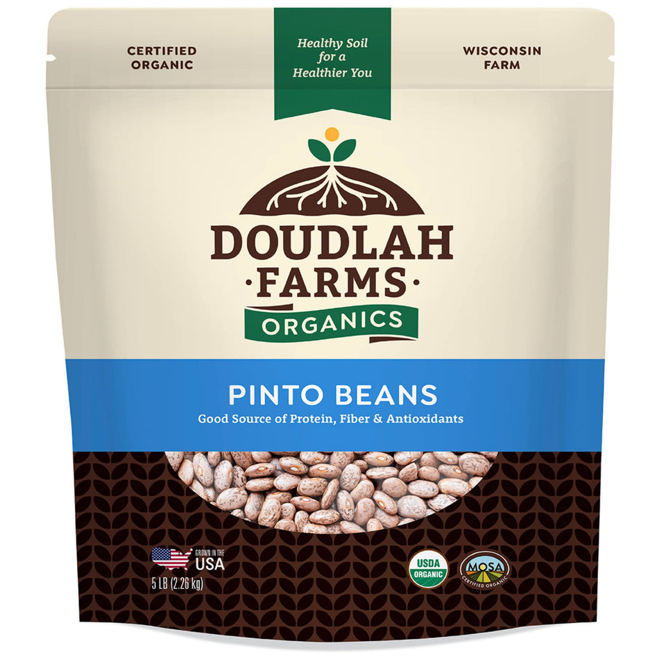 Doudlah Farms Organic Pinto Beans bag, versatile pantry staple for soups and burritos.
