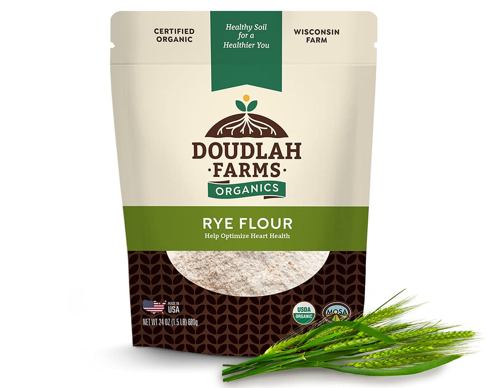 Doudlah Farms Organic Rye Flour 1.5 lb packaging ready for baking