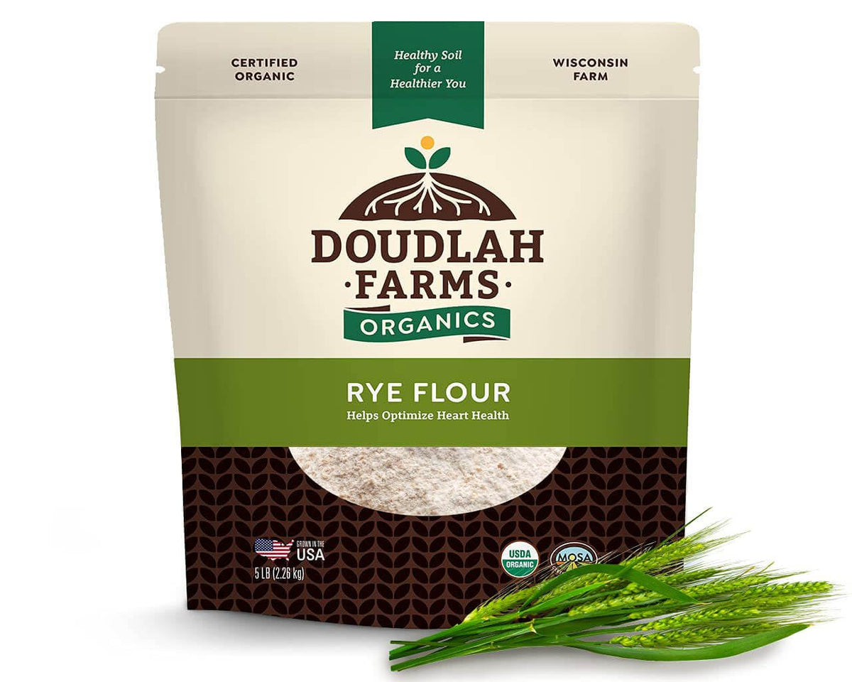 Doudlah Farms Organic Rye Flour 5lb packaging, ideal for everyday baking.