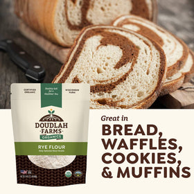 USDA Organic and Non-GMO label on Doudlah Farms rye flour packaging.