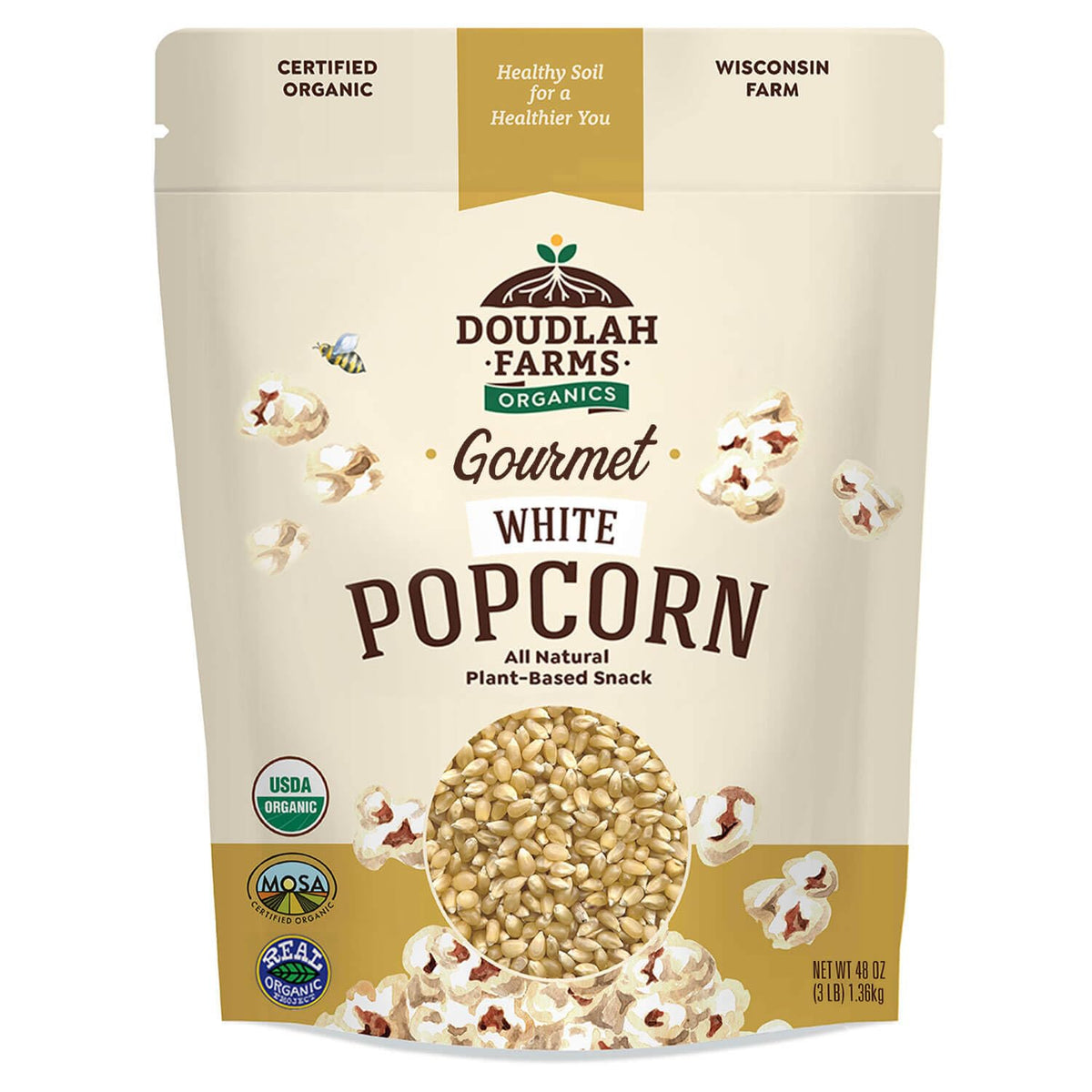 Doudlah Farms Organic White Popcorn kernels in bag, ready to pop for a wholesome snack.