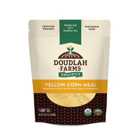 Doudlah Farms Organic Yellow Cornmeal bag highlighting wholesome ingredients for baking.