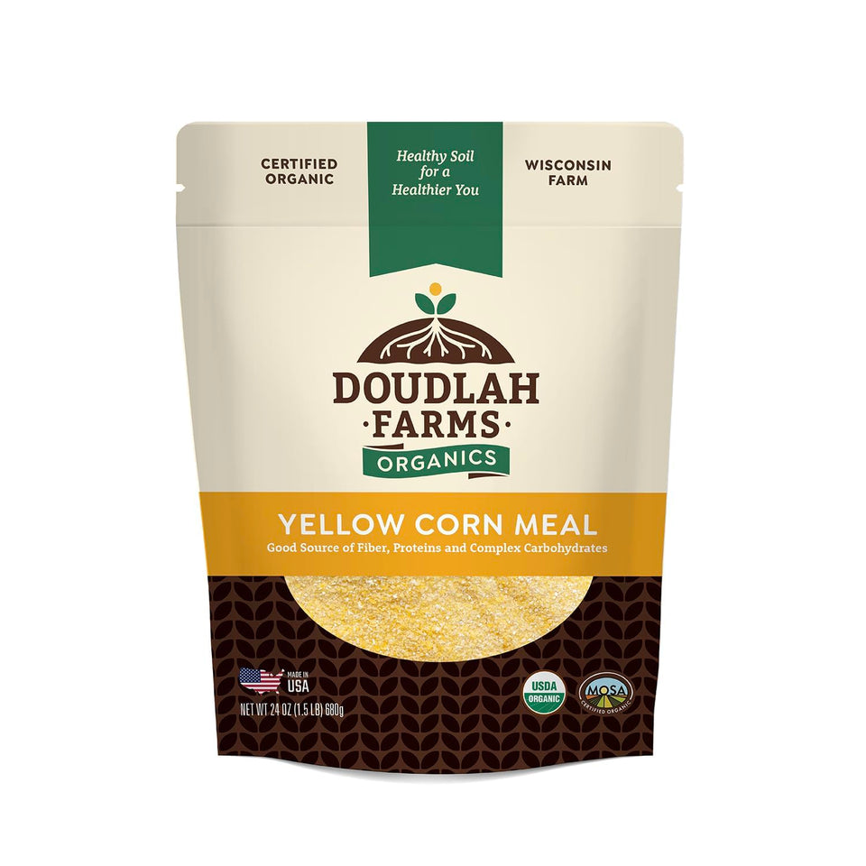 Doudlah Farms Organic Yellow Cornmeal bag highlighting wholesome ingredients for baking.
