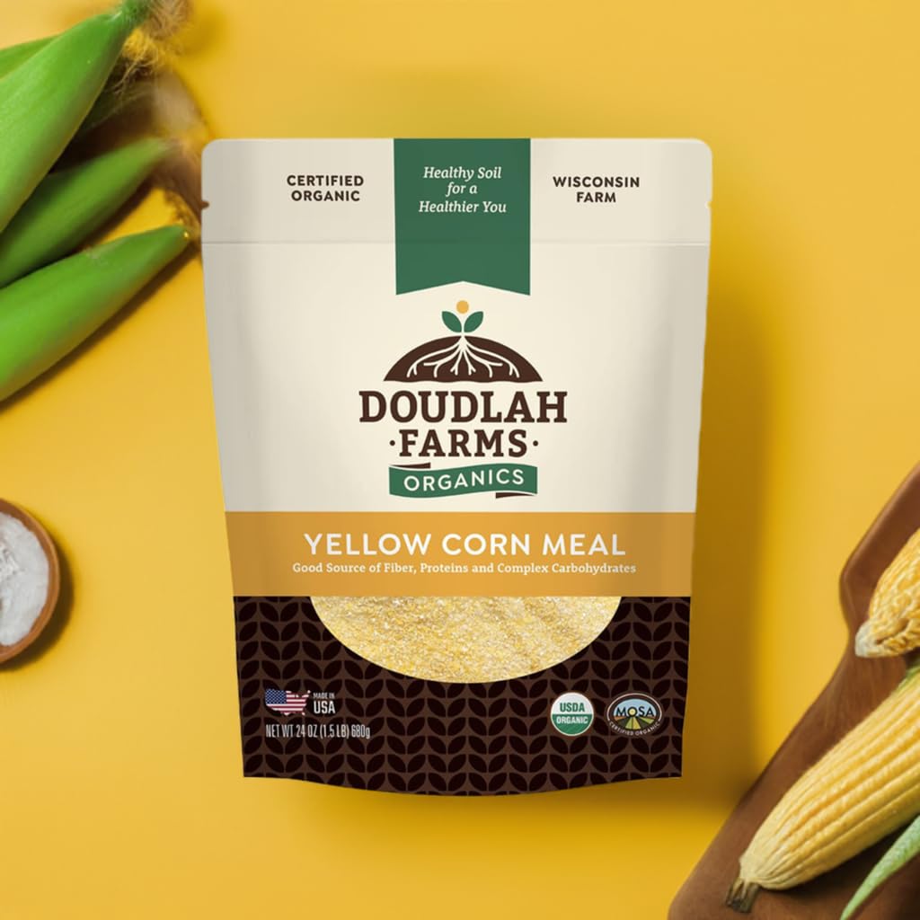 Doudlah Farms cornmeal being poured ideal for quick breads and cornbread.