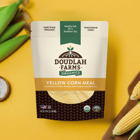 Doudlah Farms cornmeal being poured ideal for quick breads and cornbread.