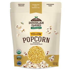 Doudlah Farms organic yellow popcorn kernels, unpopped, ideal for fresh, crunchy movie-night popcorn.