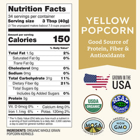Doudlah Farms organic yellow popcorn kernels, unpopped, ready to pop into light, airy snacks.
