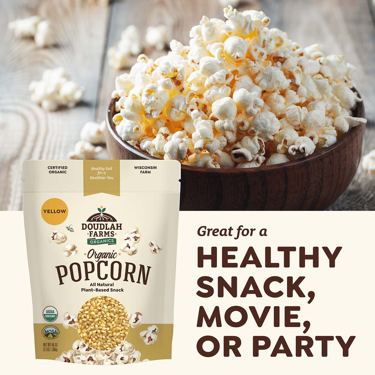 Doudlah Farms organic yellow popcorn kernels, unpopped, a gluten-free snack base for toppings.