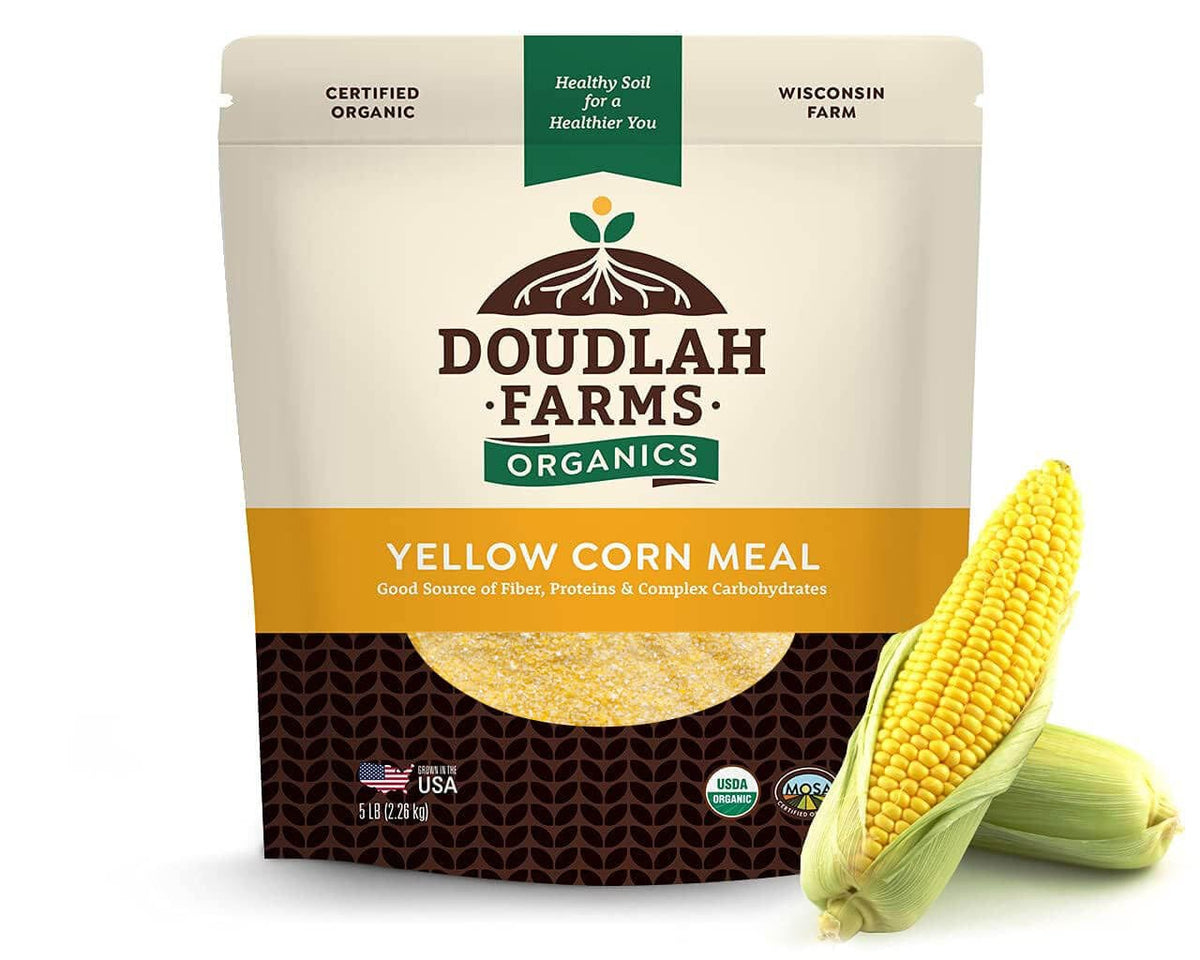 Doudlah Farms organic yellow cornmeal in a bag, fine grind for baking