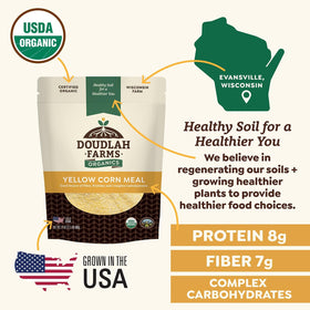 Pouring Doudlah Farms yellow cornmeal into a bowl for batter