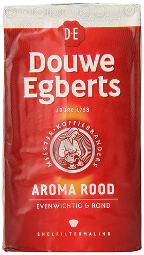 Douwe Egberts Aroma Rood ground coffee two-pack, ideal for busy kitchens and fresh mornings.