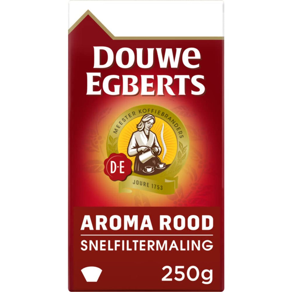 Douwe Egberts Aroma Rood ground coffee in a 250g pack for everyday brewing.