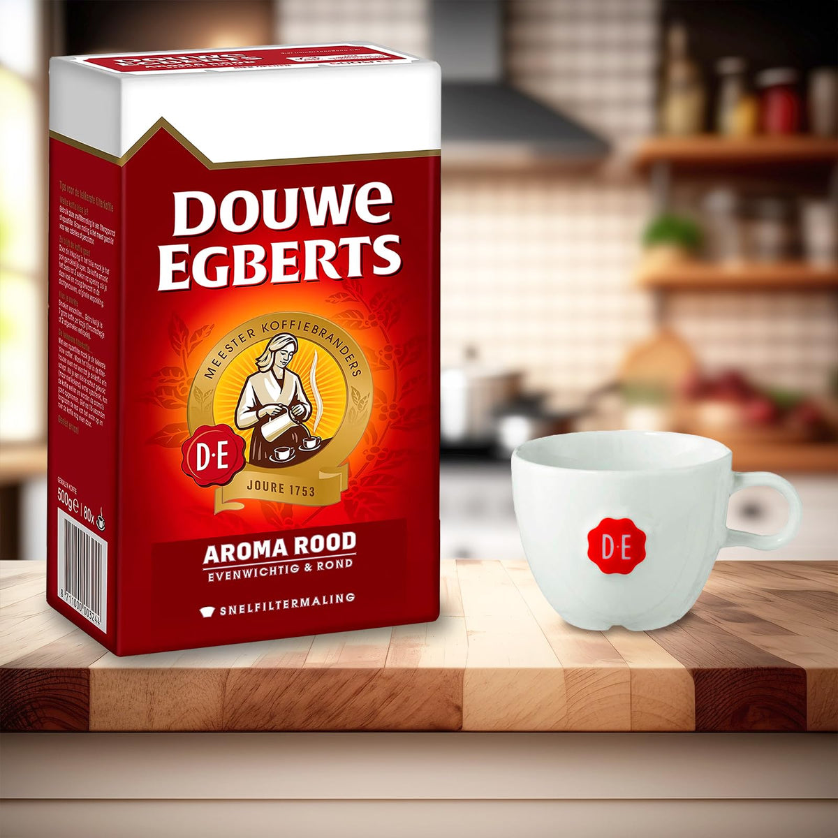 Aroma Rood ready on kitchen counter beside the coffee maker.