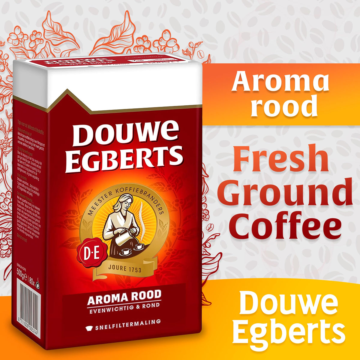 Douwe Egberts Aroma Rood medium roast for balanced flavor.