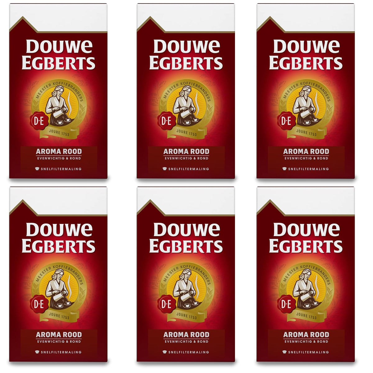 Douwe Egberts Aroma Rood six-pack packaging displayed.
