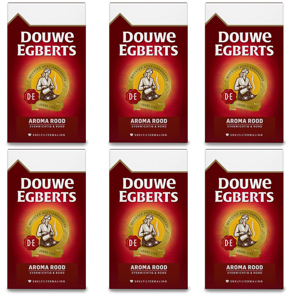 Douwe Egberts Aroma Rood six-pack packaging displayed.