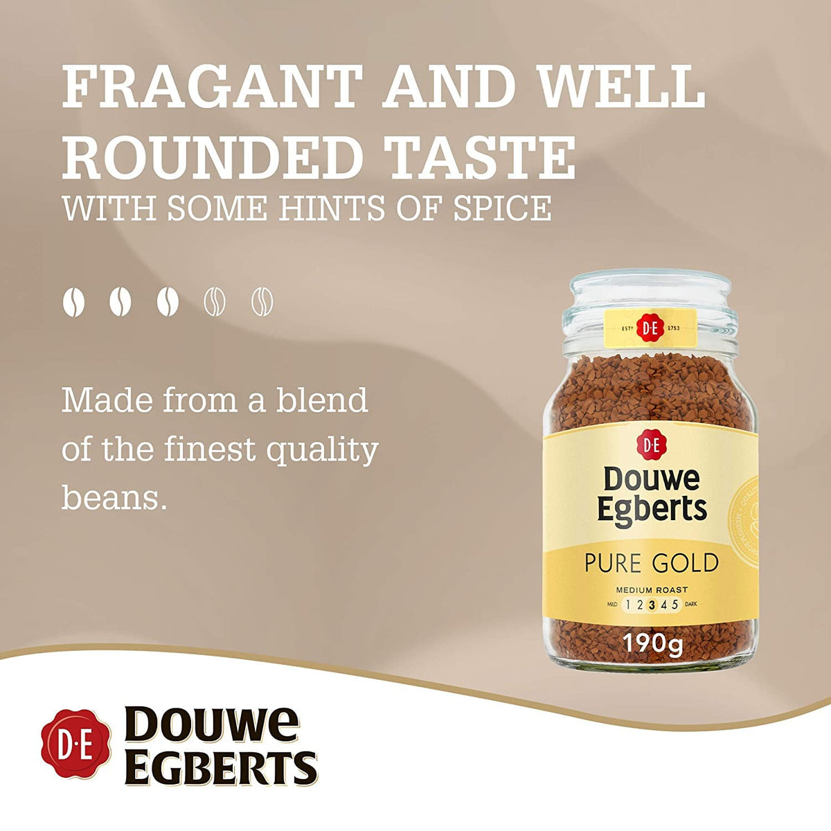 Douwe Egberts Pure Gold cup steaming, signaling a balanced, inviting brew.